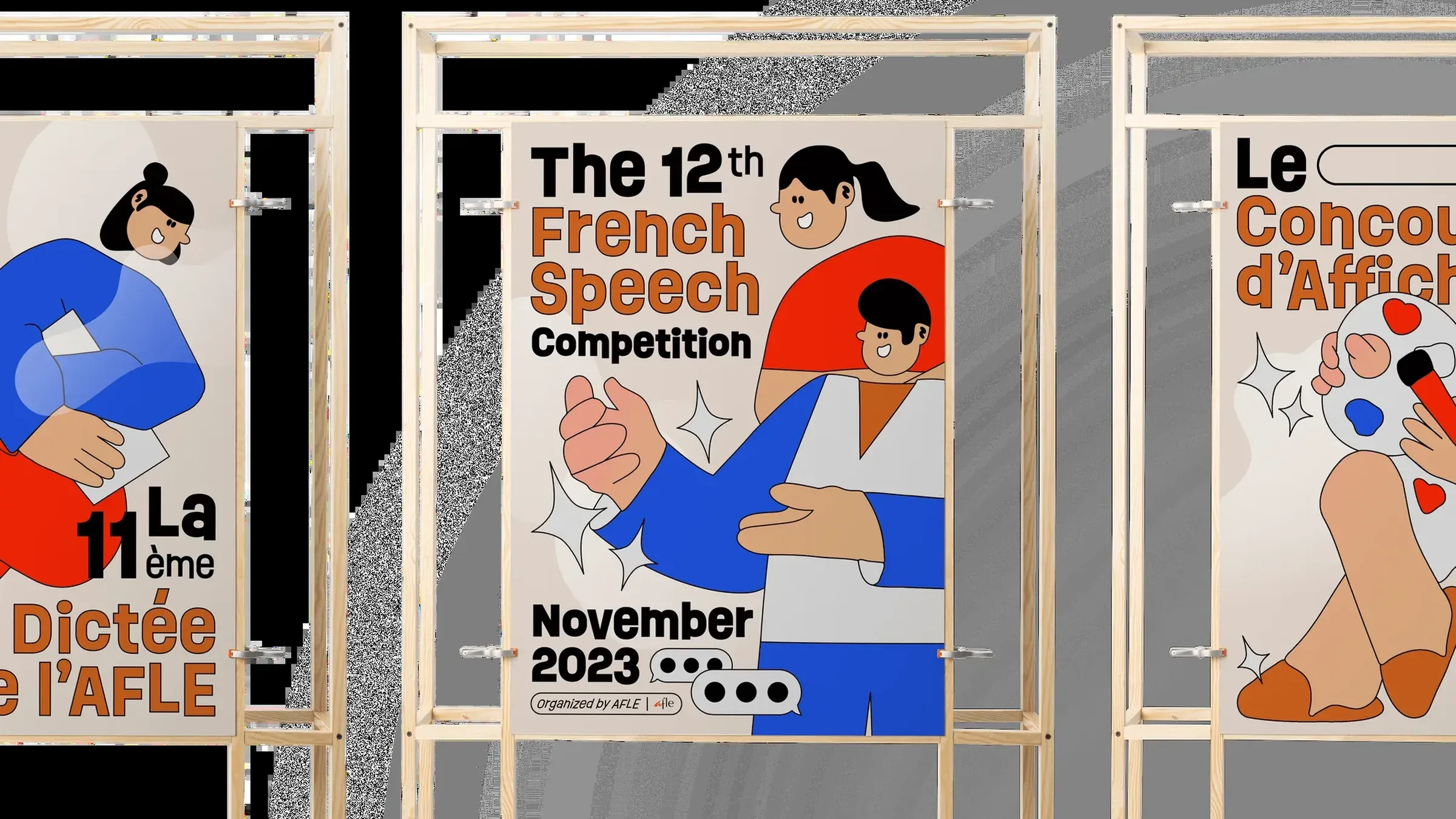 Three AFLE posters on pale wooden easels: the Dictée, The 12th French Speech Competition and Le Concours d'Affiches