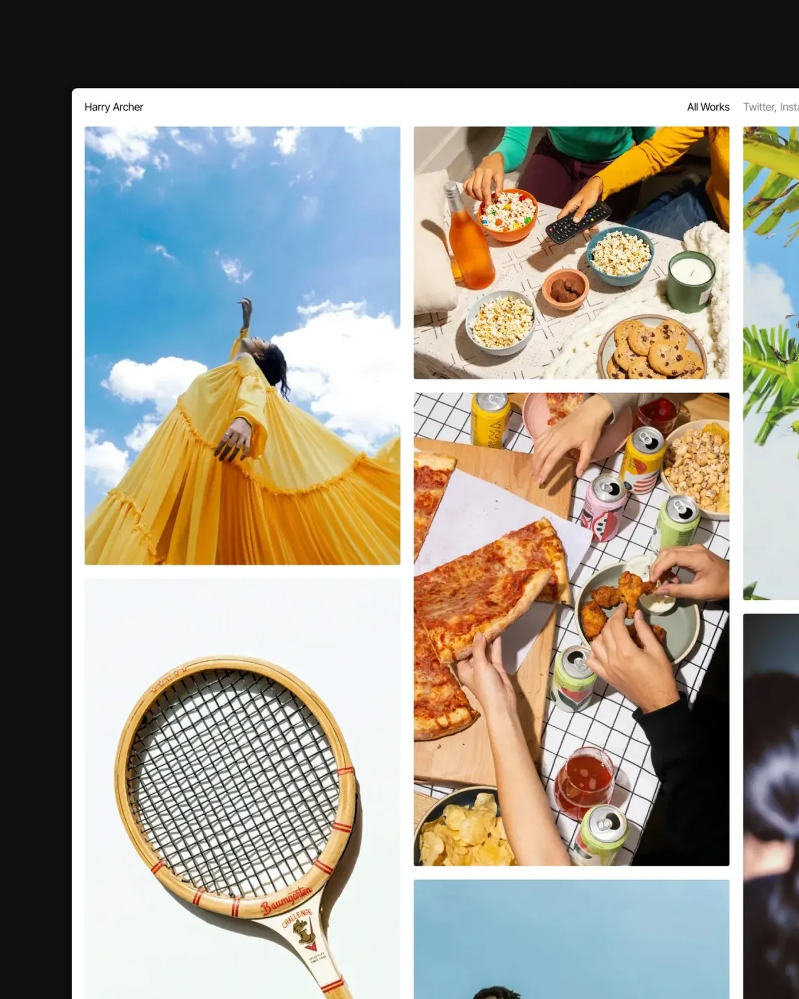Archer's masonry photo grid: the yellow dress, popcorn and pizza flat-lays and a tennis racket