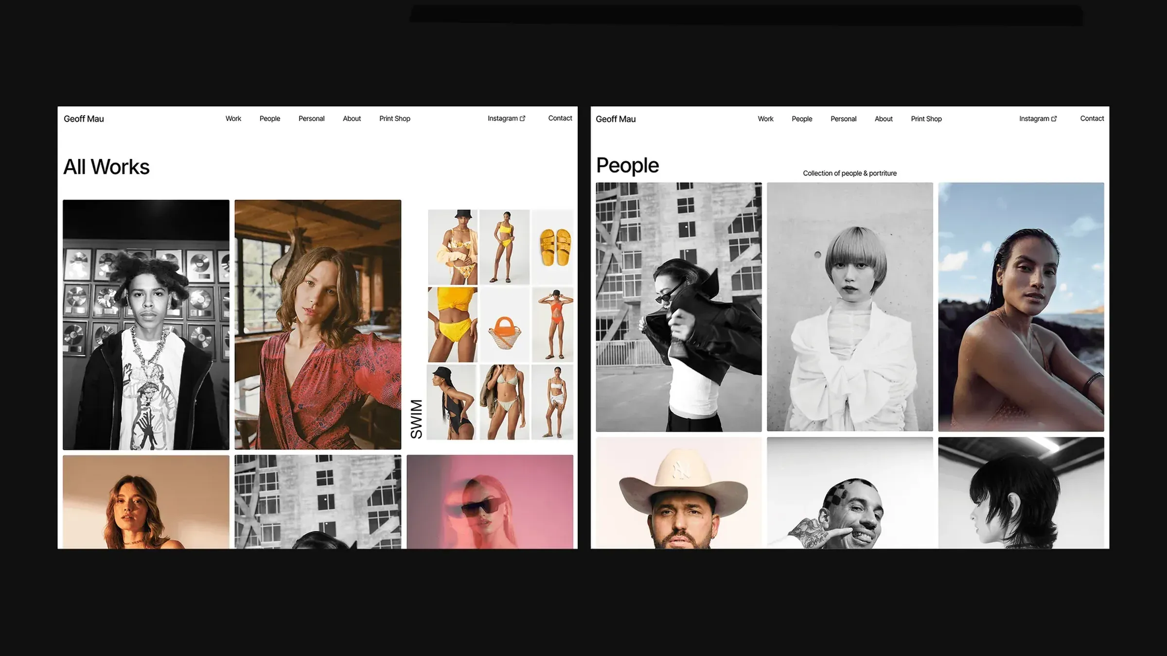 Geoff Mau's site on Archer: the All Works page of portraits and a SWIM grid beside the People page