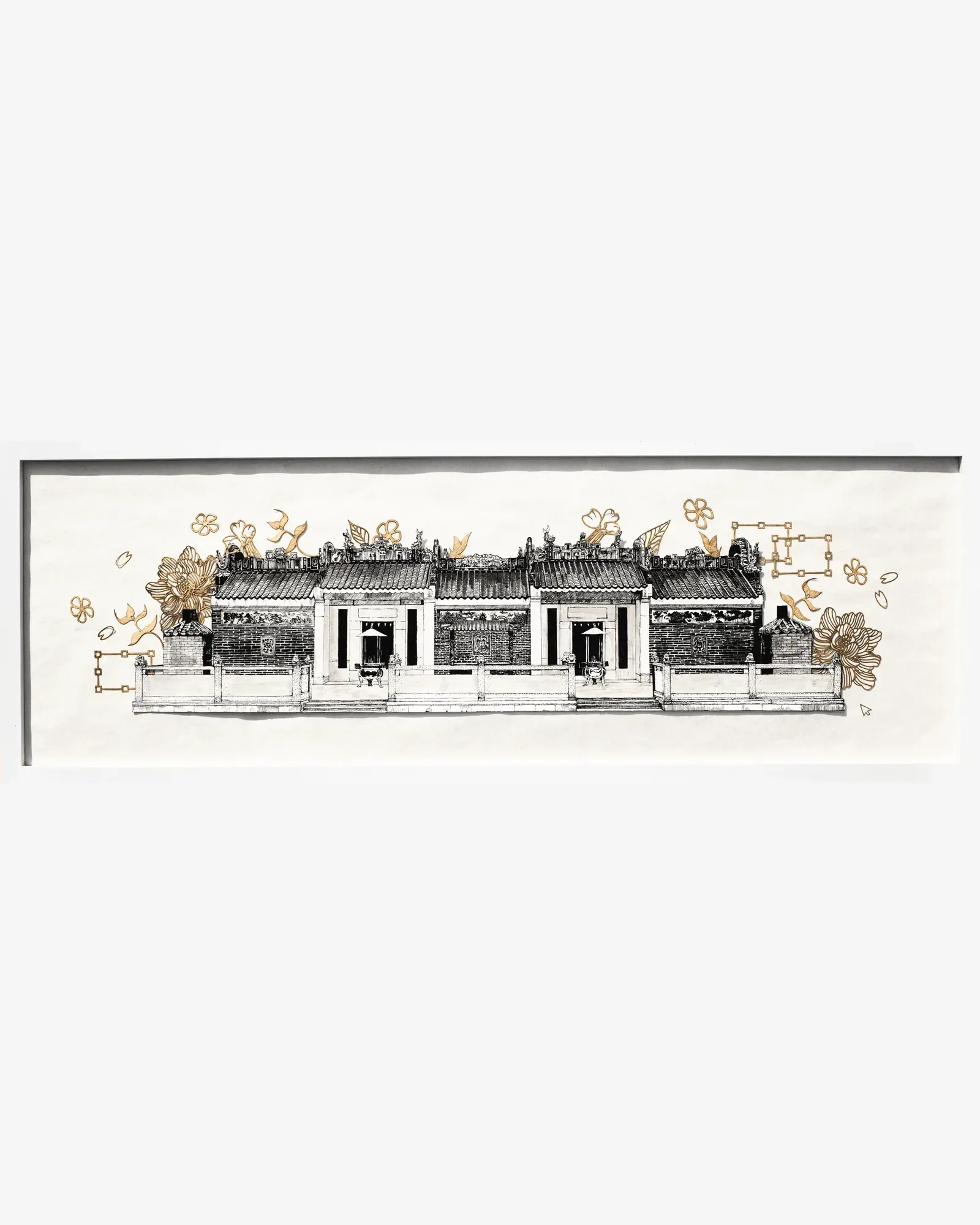 回紋 Epiphany, February 2025, ink on card, 90 × 30 cm: a framed ink drawing of an ancestral hall with gold papercut peonies