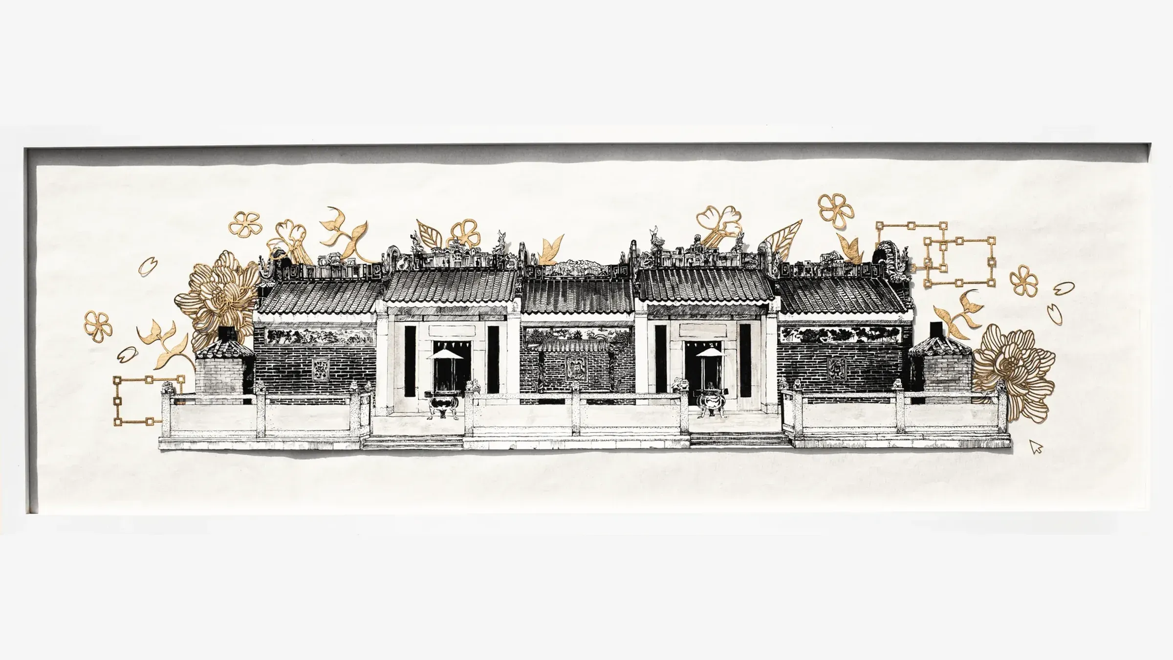 回紋 Epiphany, February 2025, ink on card, 90 × 30 cm: a framed ink drawing of an ancestral hall with gold papercut peonies