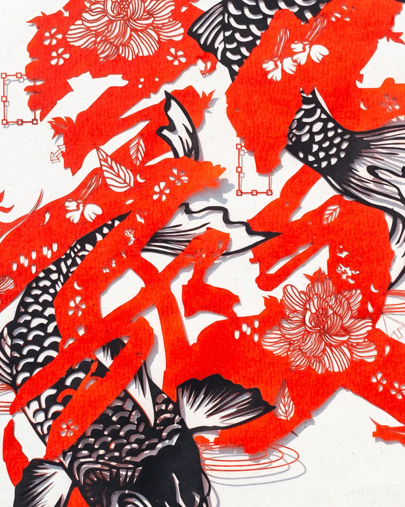 毅力 Perseverance (red) in detail: red papercut strokes with black koi and peonies