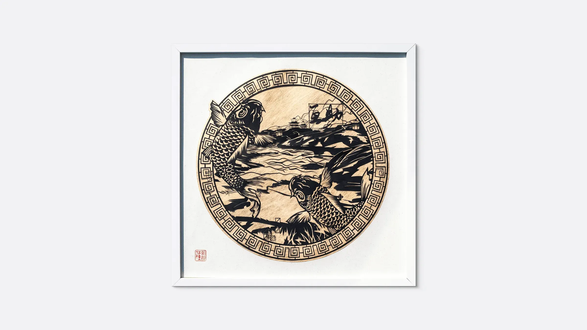 互助 Reciprocity (black), February 2025, textured paper, 50 × 50 cm: two koi in a circular fret border, framed
