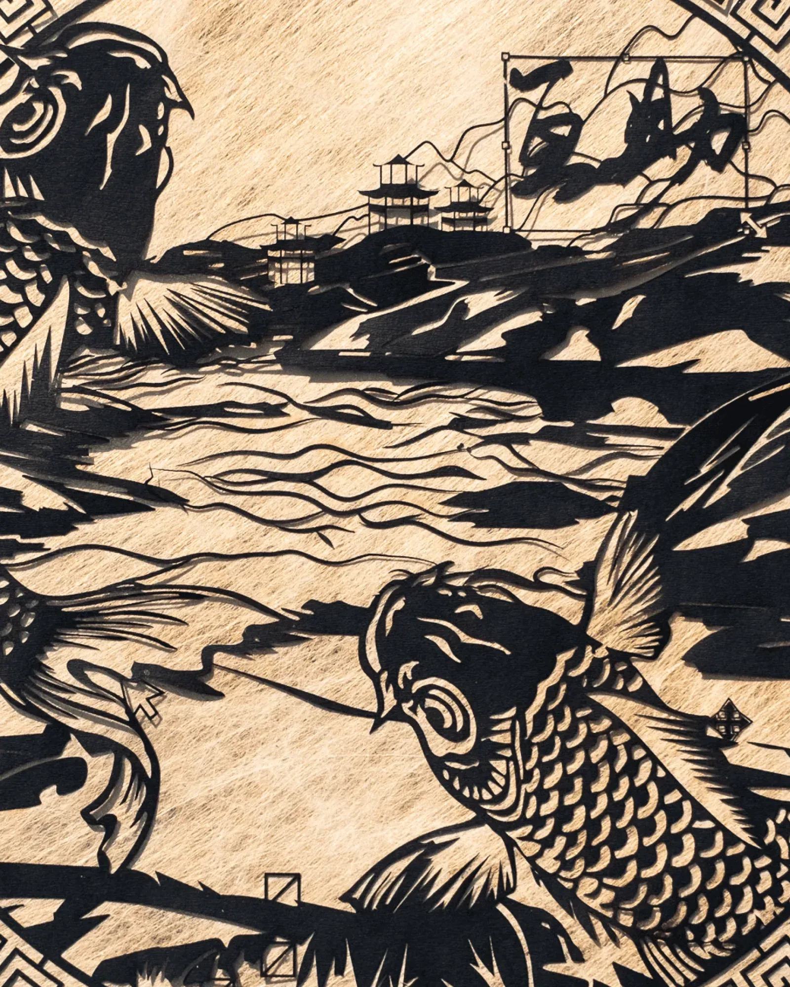 互助 Reciprocity (black) in detail: a koi and a waterside village in black and gold papercut