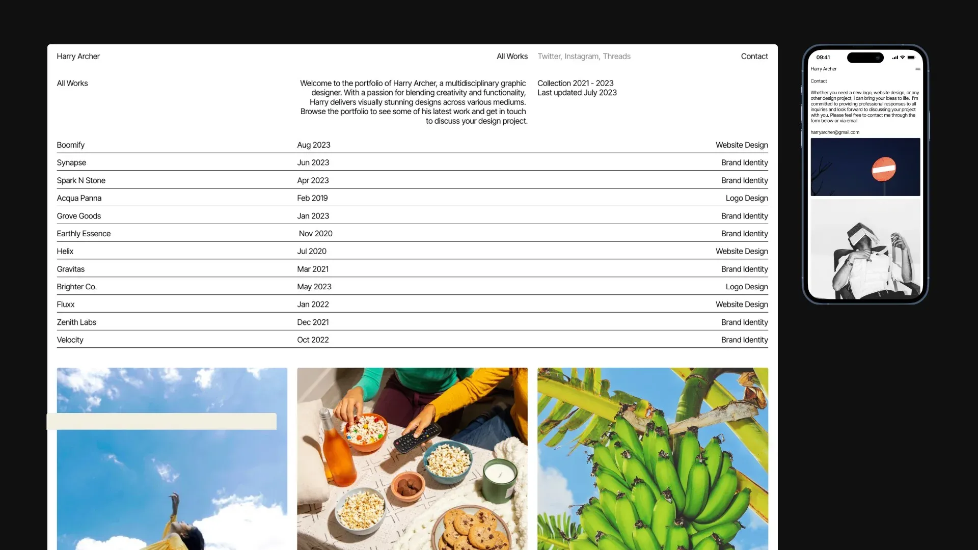 The Harry Archer portfolio site on desktop and iPhone: a work list over photos of sky, snacks and green bananas