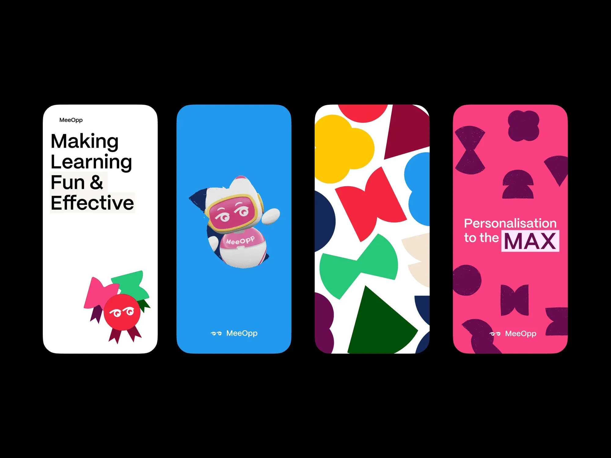 Four MeeOpp phone screens on black: Making Learning Fun & Effective, the robot mascot, a shape pattern and Personalisation to the MAX