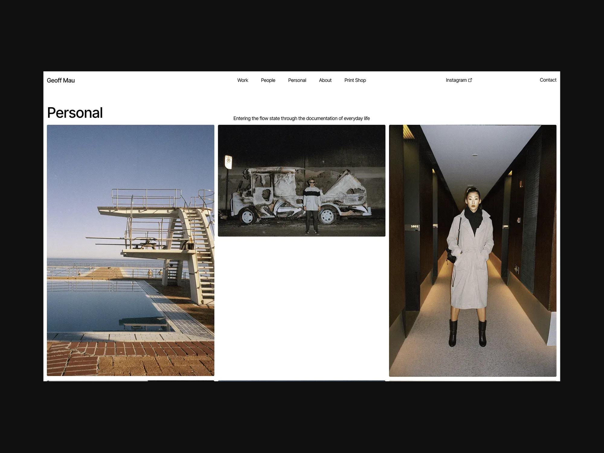 Geoff Mau's Personal page: a seaside diving tower, a burnt-out van at night and a hotel corridor