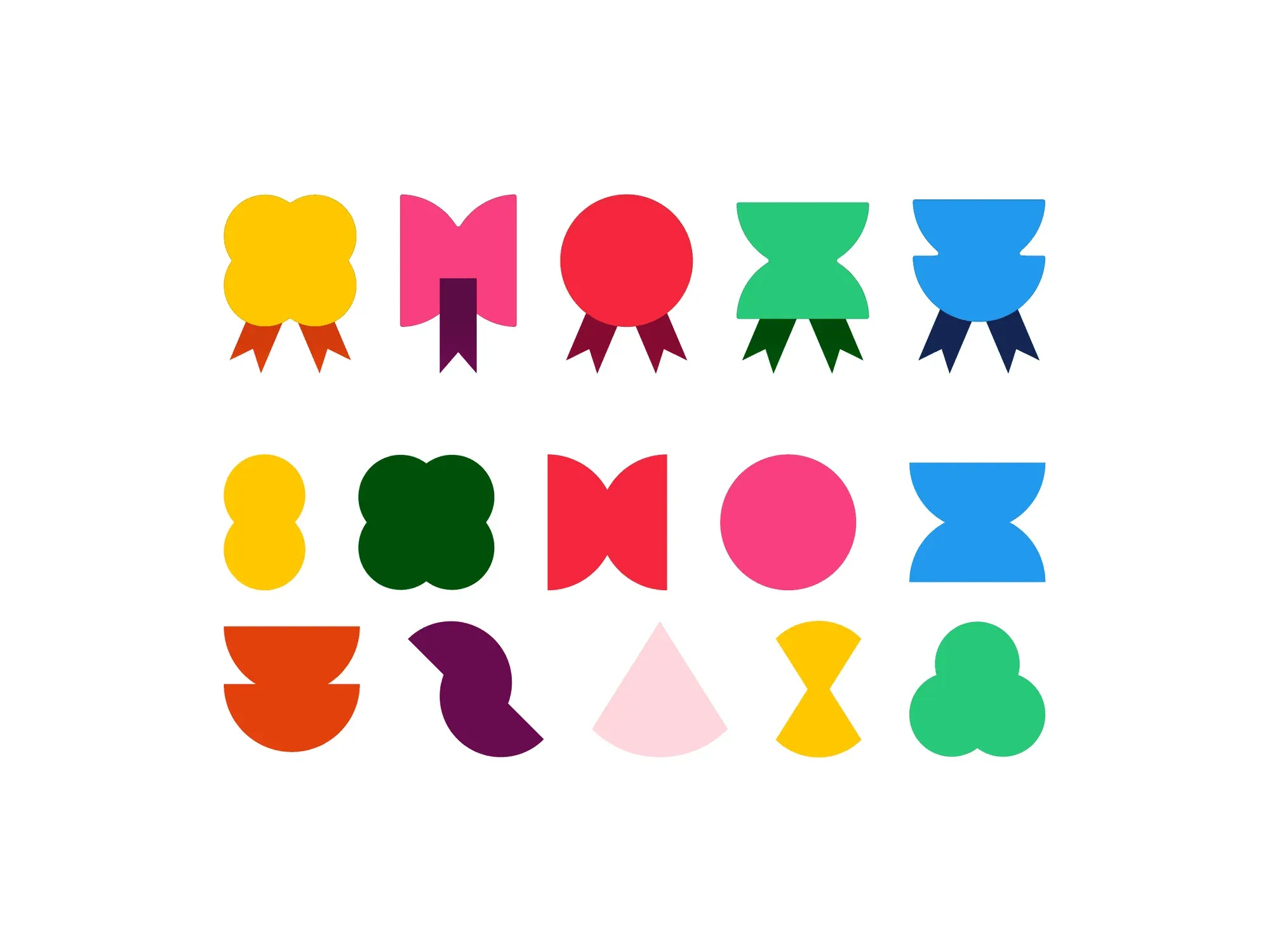 Fifteen flat MeeOpp brand shapes in bright colours
