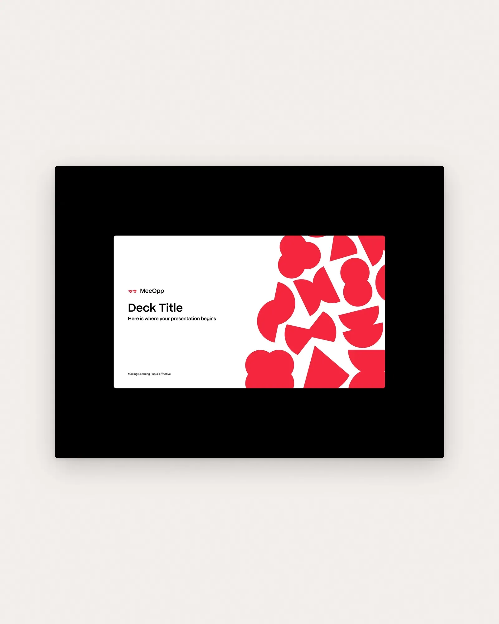 The MeeOpp presentation template's title slide, with the logo and a cluster of red shapes, on paper