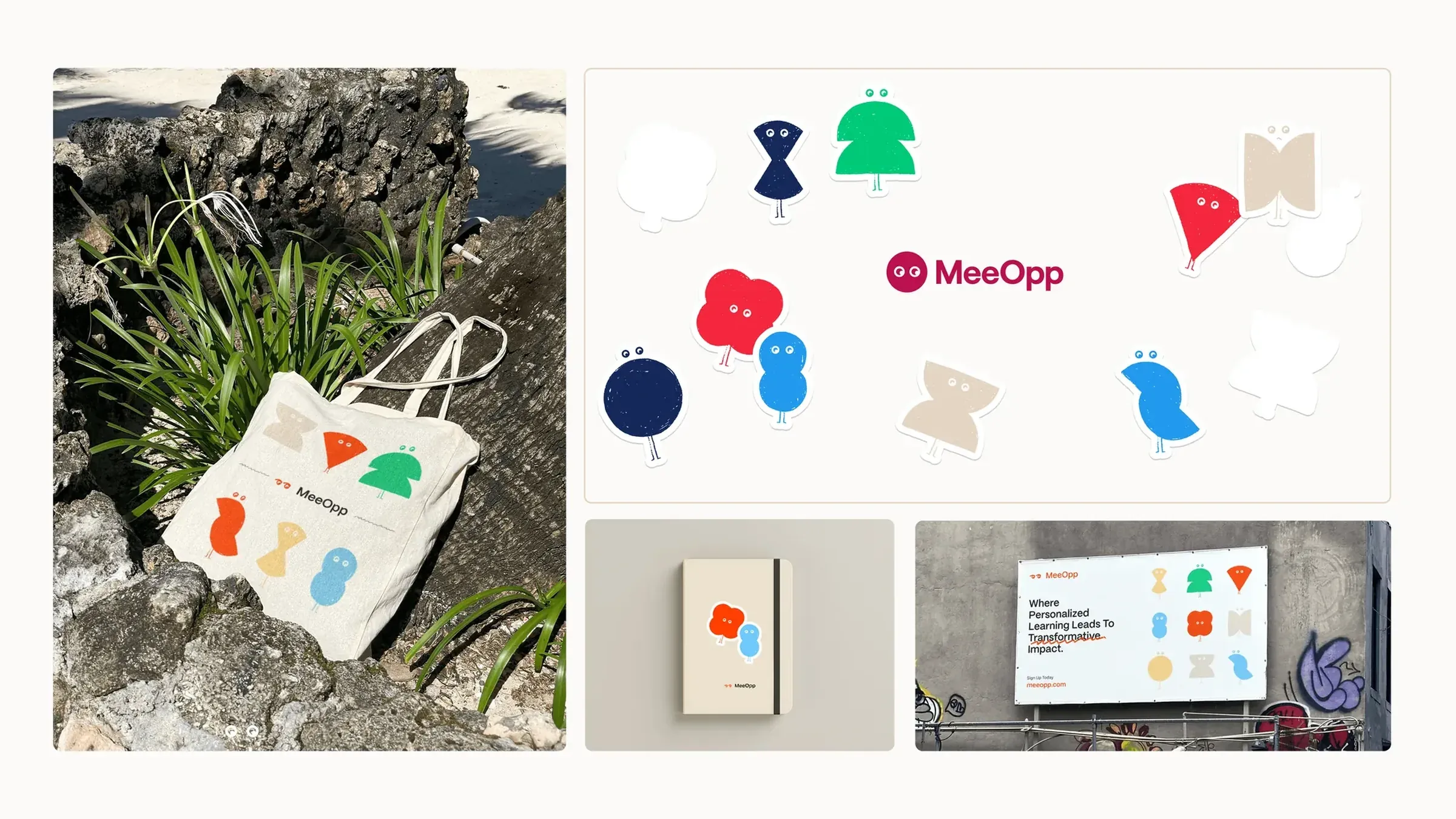MeeOpp merchandise: a tote bag on rocks, shape-character stickers, a notebook and a billboard, Where Personalized Learning Leads To Transformative Impact