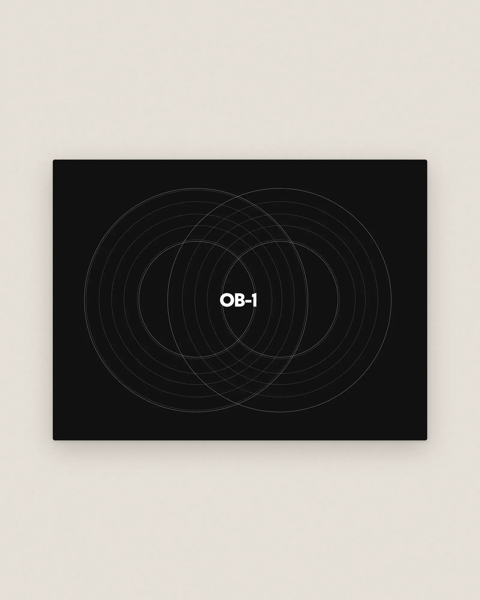 The white OB-1 wordmark inside thin overlapping circles on near-black, set on stone