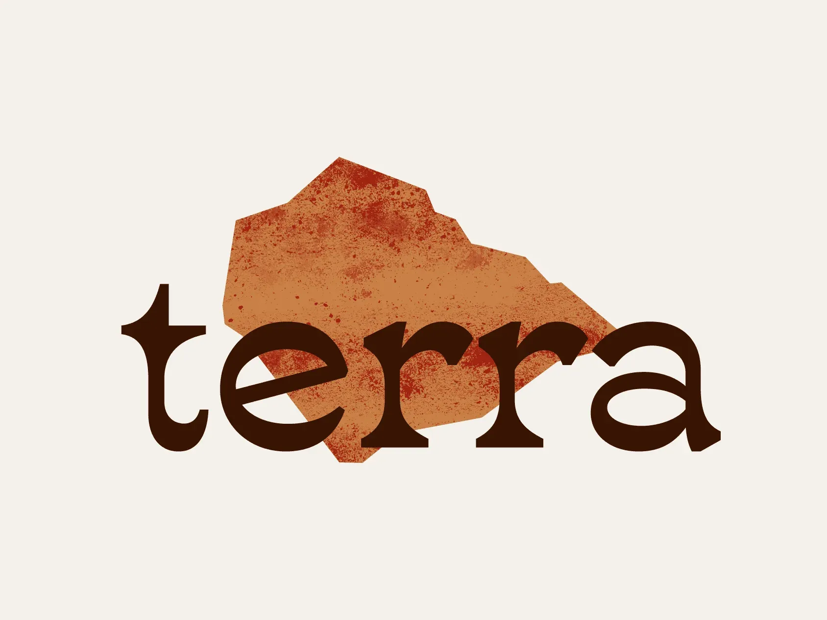 The dark-brown terra wordmark over a speckled orange stone shape on cream, on paper