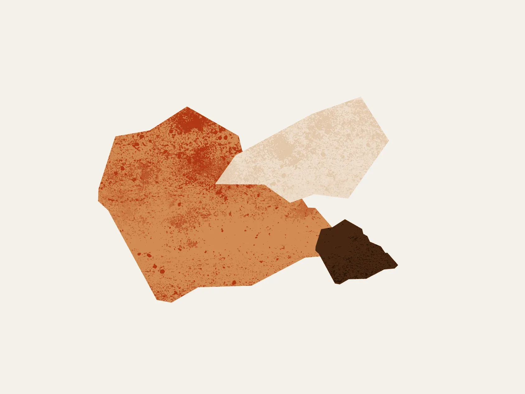 Three speckled Terra shapes in terracotta, sand and dark brown, on paper